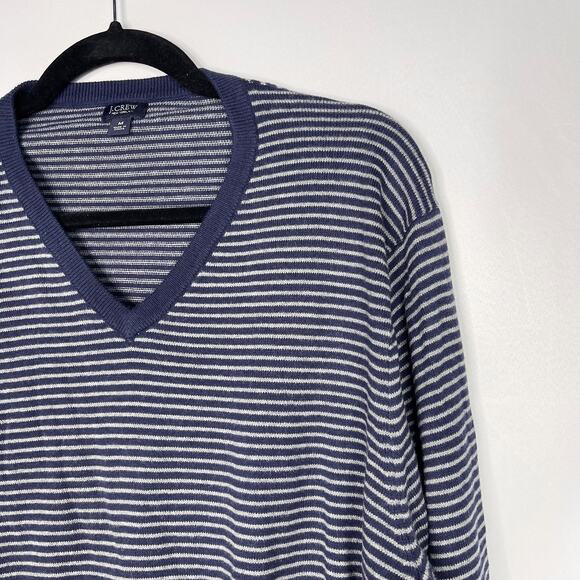 J Crew Mens Medium Navy Blue Gray Striped Cashmere Cotton VNeck Sweater Pullover - Picture 3 of 7